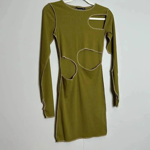 Pretty Little Things Olive Ribbed Contrast Stitch Cut Out Long Sleeve Dress - Picture 6 of 12